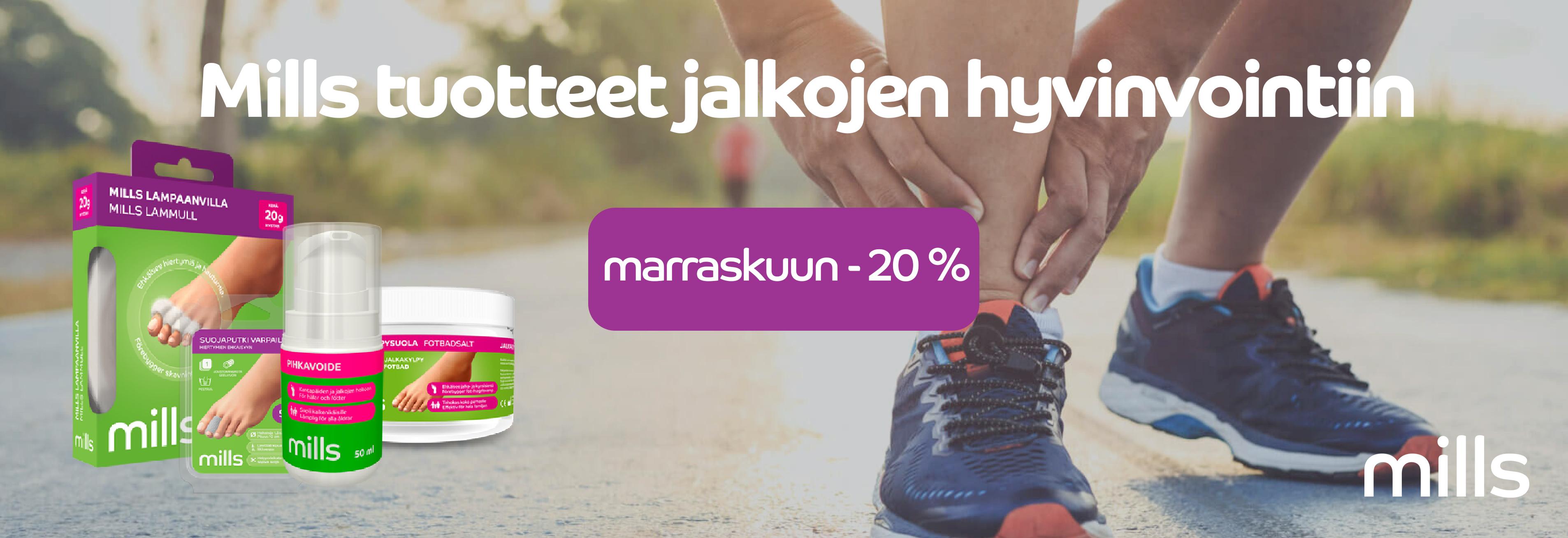 Mills tuotteet jalkojen hyvinvointiin -20% marraskuun ajan. Apomera.fi