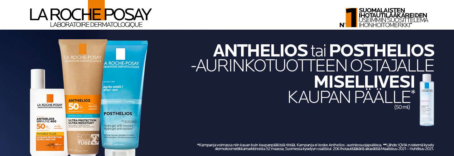 La Roche-Posay Anthelios tai Posthelios -aurinkotuotteen ostajalle misellivesi kaupan päälle. 