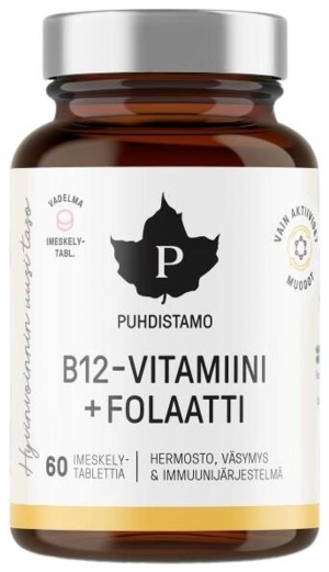 Puhdistamo B12-vitamiini + Folaatti, Vadelma 60 kaps
