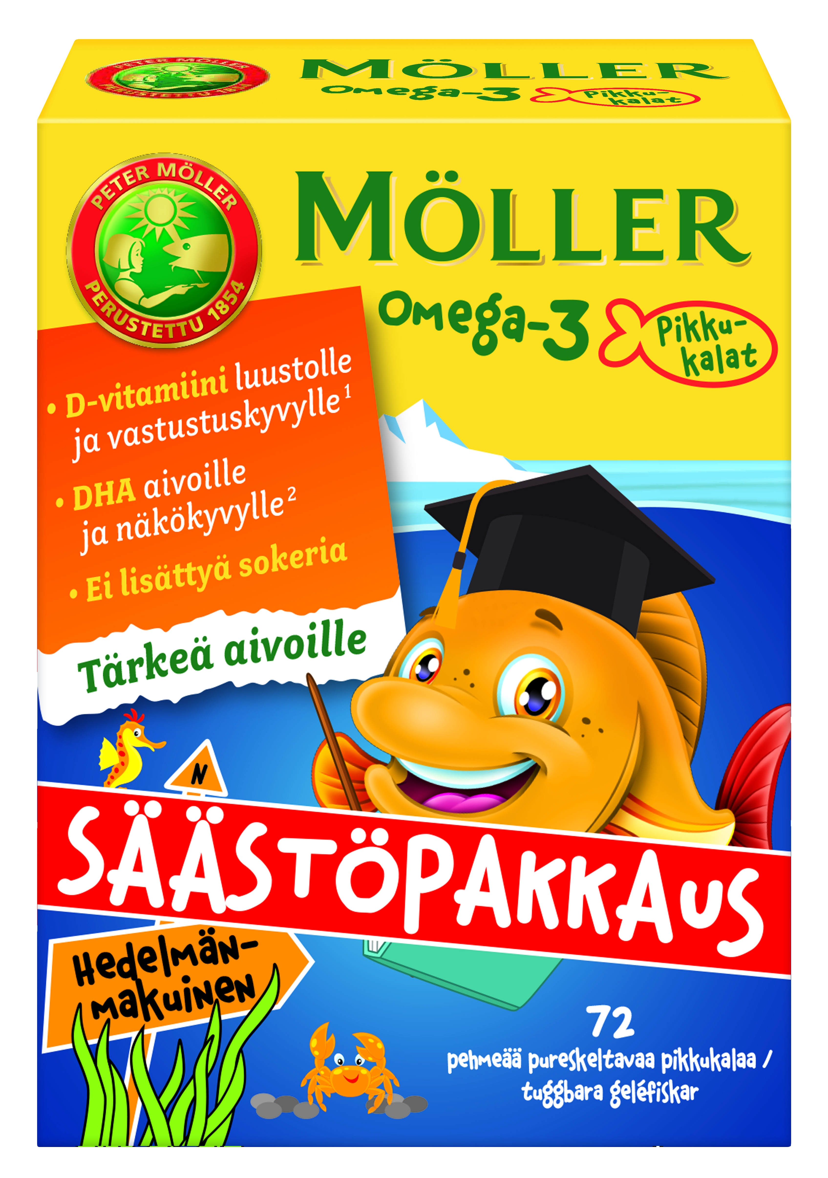 Möller Omega-3 Pikkukalat hedelmänmakuinen säästöpakkaus, 72 kpl