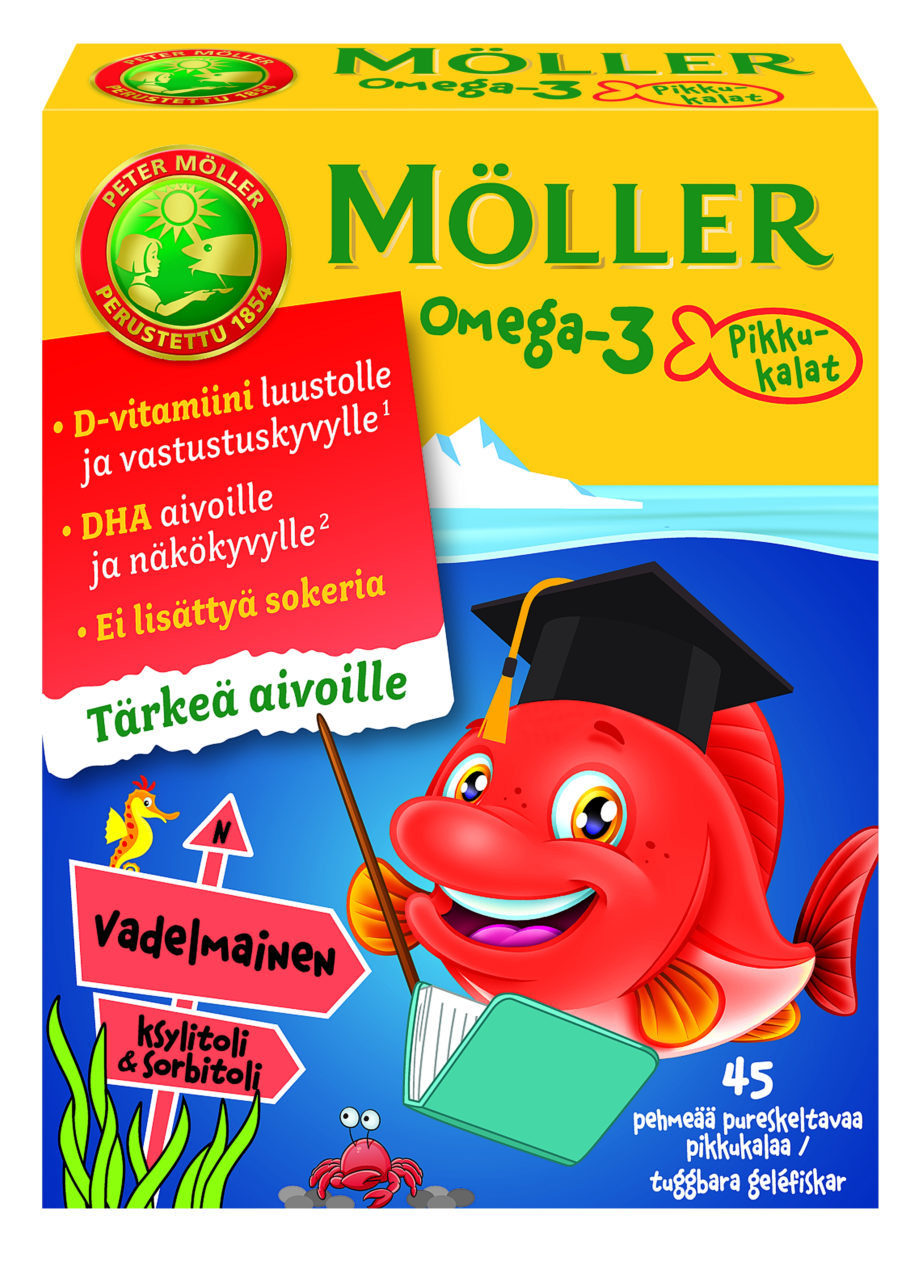 Möller Omega-3 Pikkukalat vadelmainen, 45 kpl