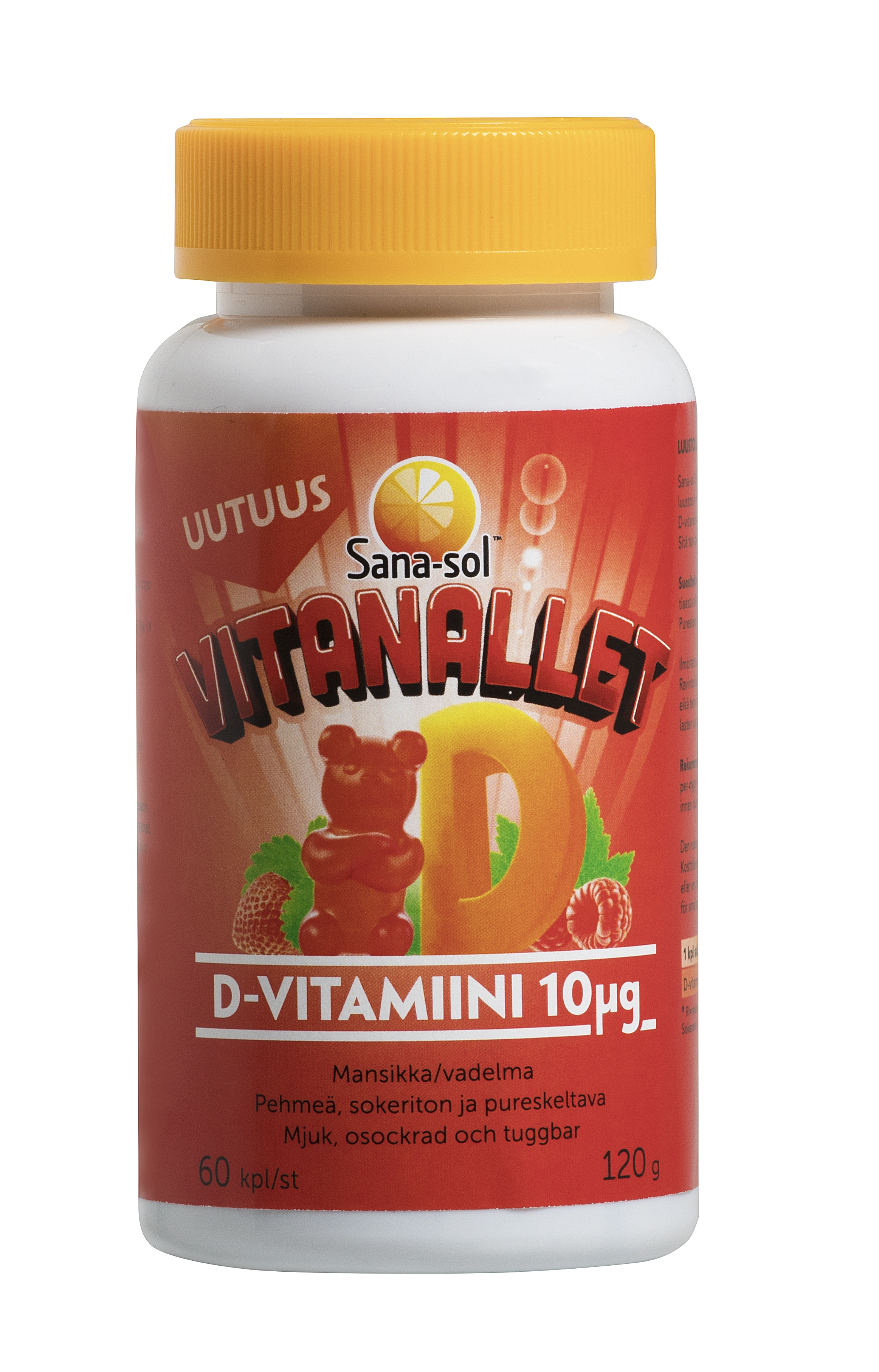 Sana-sol Vitanallet D-vitamiini 10µg mansikka/vadelma, 60 kpl