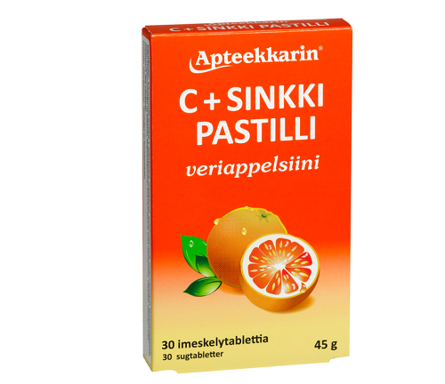 Apteekkarin C+ Sinkki veriappelsiini pastilli, 30 kpl