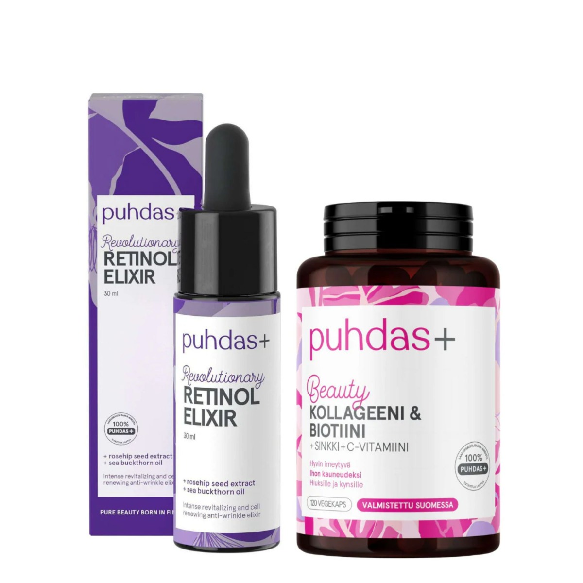 Puhdas+ Kollageeni Biotiini 120 kaps & Retinol Elixir 30 ml lahjapakkaus