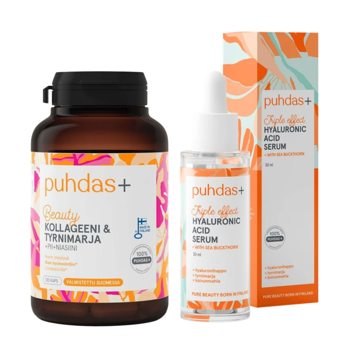 Puhdas+ Kollageeni & tyrnimarja 120 kaps & Hyaluronihapposeerumi tyrni 30 ml lahjapakkaus