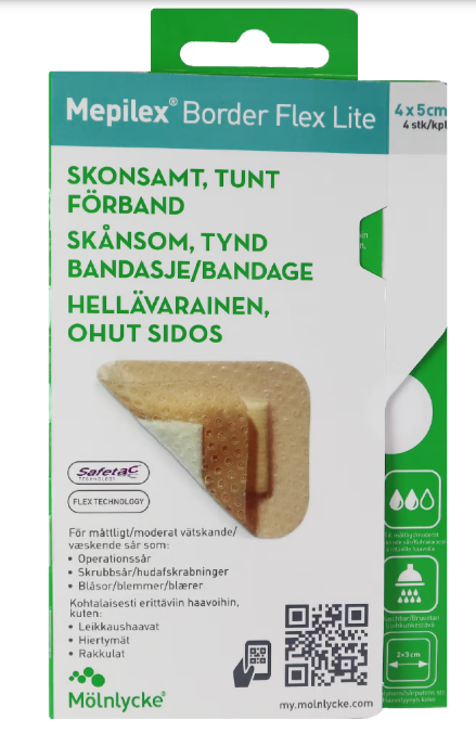 Mepilex Border Flex Lite hellävarainen, ohut sidos 4 x 5 cm, 4 kpl