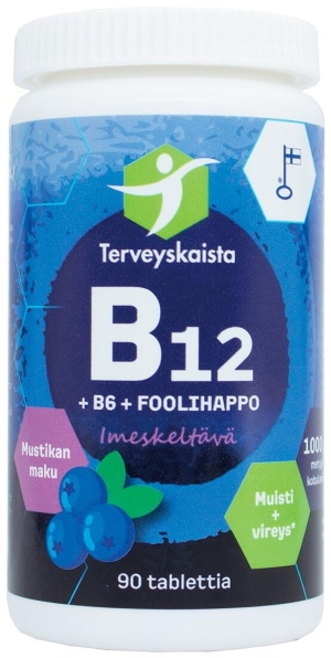 Terveyskaista B12+B6+Foolihappo, mustikka (imeskeltävä) 90 tabl