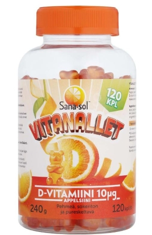 Sana-sol Vitanallet D-vitamiini 10mcg Appelsiini 120 kpl
